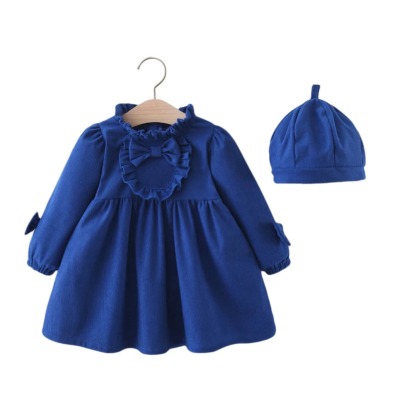 Winter New Girls' Dress Lace Pleated Bow Solid Color Two-Piece Long-Sleeved Dress + Cap Puffed Sleeve Lace Neckline