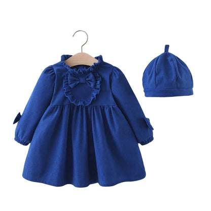 Winter New Girls' Dress Lace Pleated Bow Solid Color Two-Piece Long-Sleeved Dress + Cap Puffed Sleeve Lace Neckline