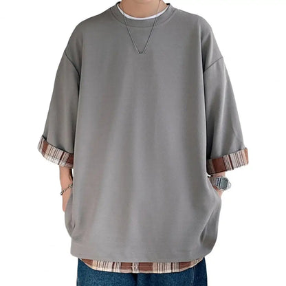 Summer Men's T-shirts  Korean Style Loose Fake Two-piece Mid Length Plus Size Three Quarter Sleeves Streetwear Outdoor Top