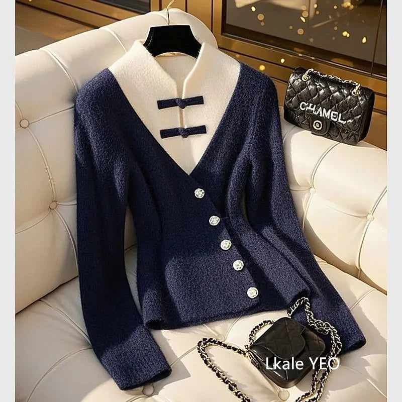 Autumn Winter 2025 Beautiful Temperament Chinese-Style Women Knitting Sweater Fake Two-piece Elegant Cardigan Ladies Sweater