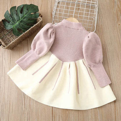 Girls' Sweater Skirt Sweaters Long Dress2025Autumn and Winter New Bow Sweet Princess Dress