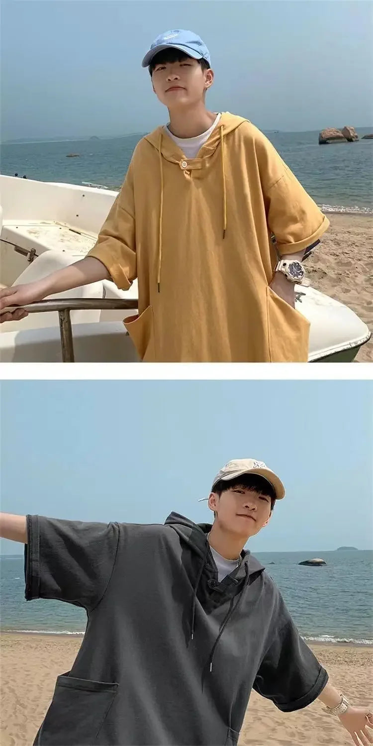 Summer Men's Short-sleeved Sweatshirt with Hat High Street Trend New T-shirt Half-sleeved Hooded Denim T-shirt