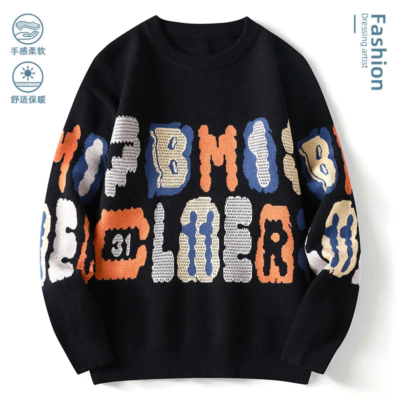 New Graffiti Printed Winter Letter Warm Men's Knitted Sweater Fashion Hoodies Loose Warm Street Autumn Woolen Pullover