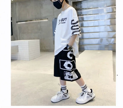 Boys Summer Trendy Casual Sports 2pcs T-shirts+Pants Suits 3-14 Years Teenage Boys Hip Hop Style Fashion Outfits Clothes Sets