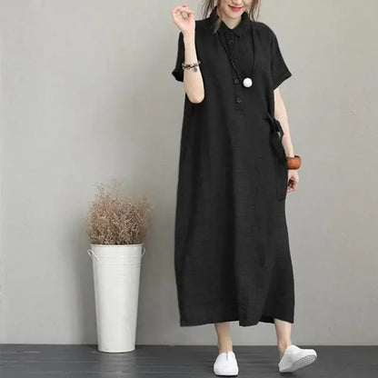 Women Summer Temperament Dress New Solid Color Lapel Short Sleeved Loose Pocket Casual Dress for Women Cotton Linen Clothing