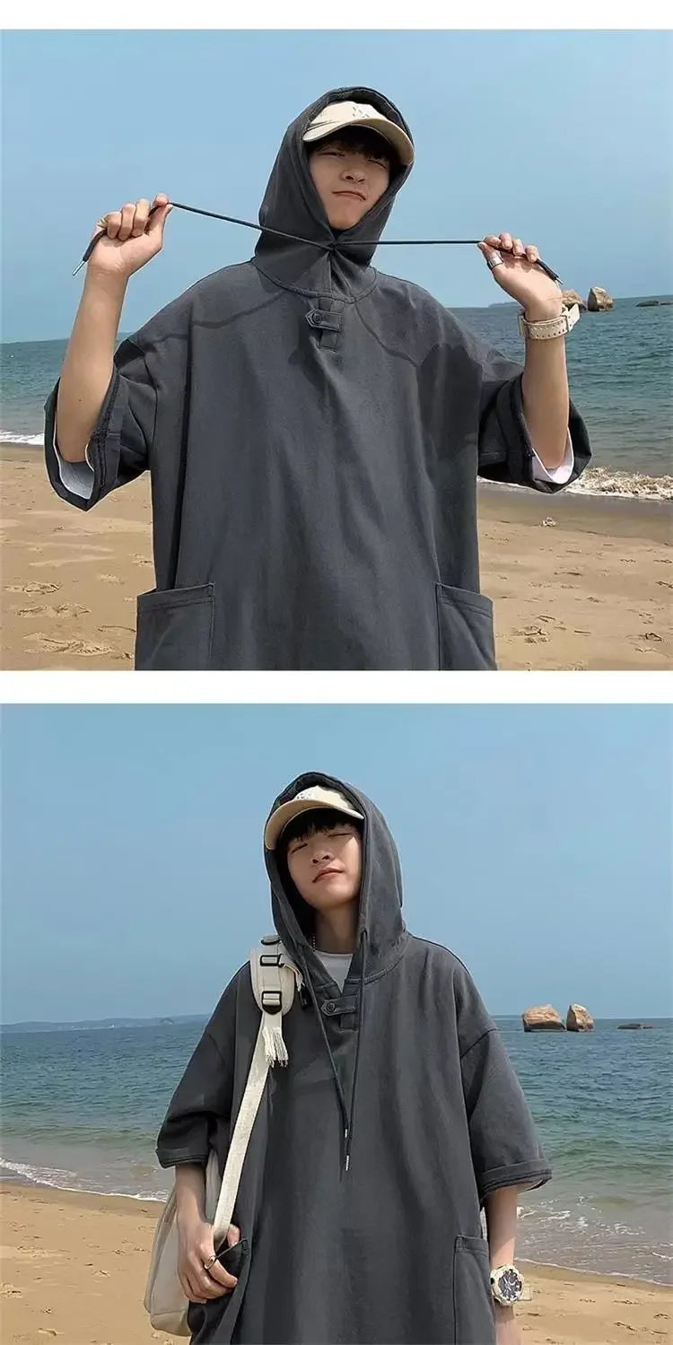 Summer Men's Short-sleeved Sweatshirt with Hat High Street Trend New T-shirt Half-sleeved Hooded Denim T-shirt