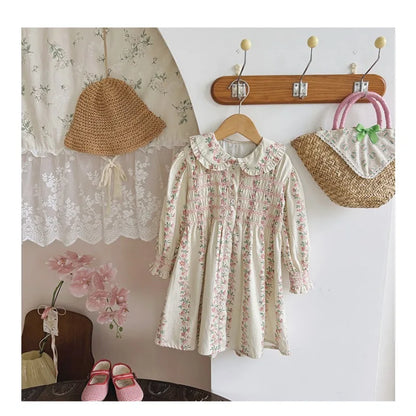 Girls Dress 2025 Autumn New French Floral Doll Collar Style Handmade Embracing Long Sleeve Childrens Princess Skirt