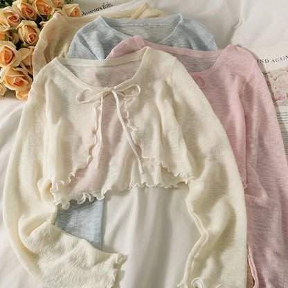 Summer Thin Outerwear Sun Protection Cardigan Ice Silk Knit Women Tops Bow Lace Up Short Suspender Skirt Shawl Airable Shirt