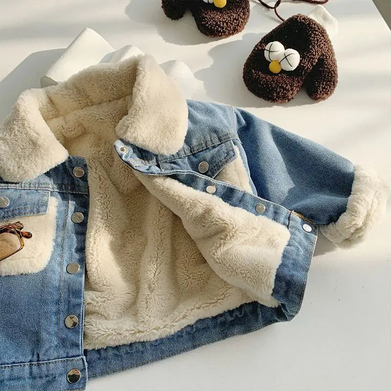 Boys Jacket Autumn and Winter New Children's Baby Plush Thickened Denim Coat  Children's Clothing Kids Winter Coats