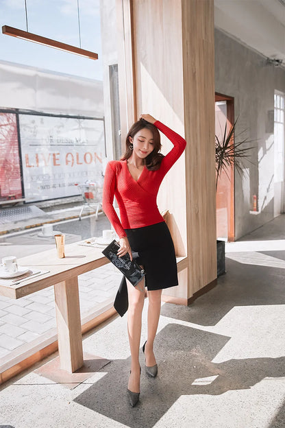 Short Basic Sweaters Women 2025 Sexy Deep V Neck Sweater Women's Pullover Slim Bottoming Sweaters Female Elastic Cotton Tops