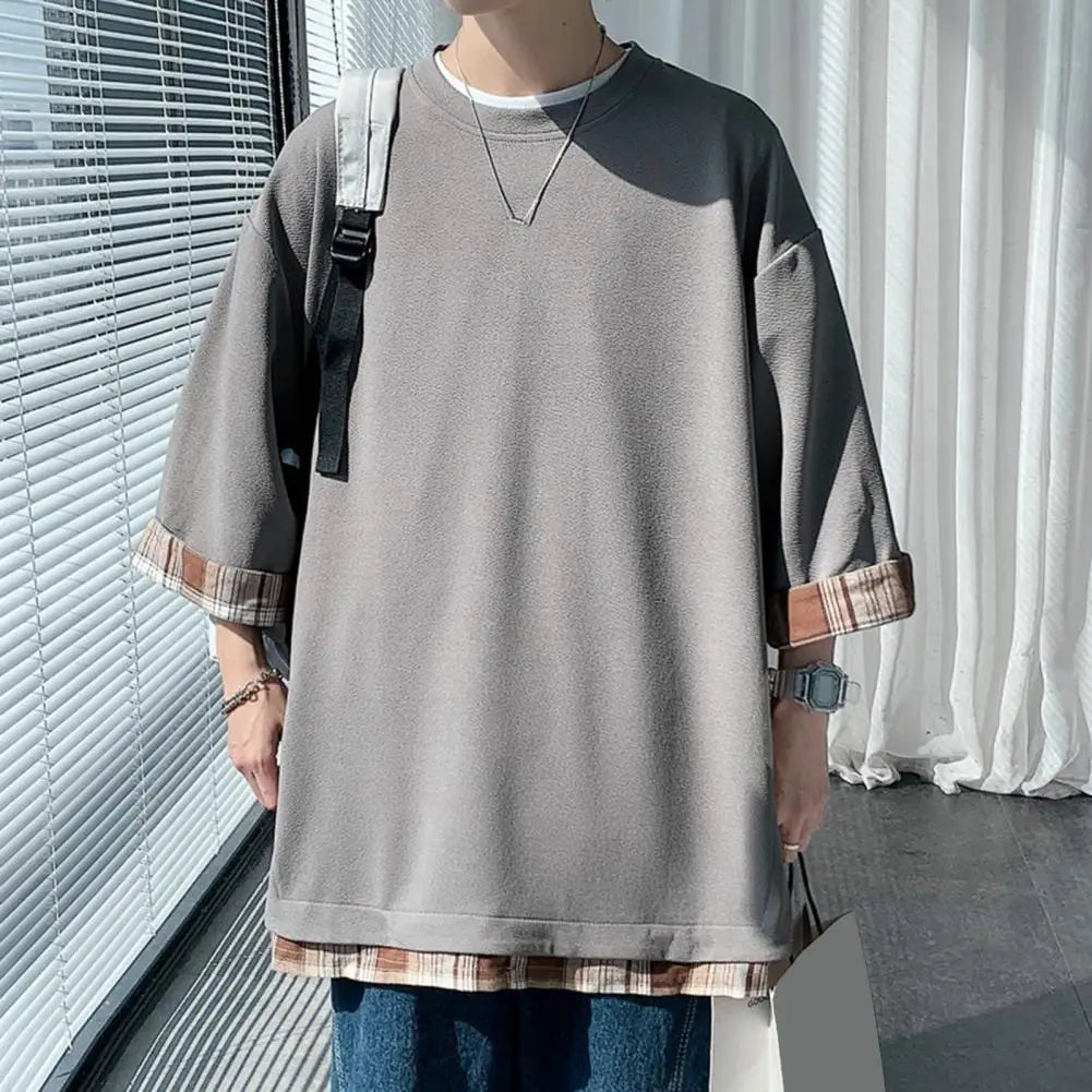 Summer Men's T-shirts  Korean Style Loose Fake Two-piece Mid Length Plus Size Three Quarter Sleeves Streetwear Outdoor Top