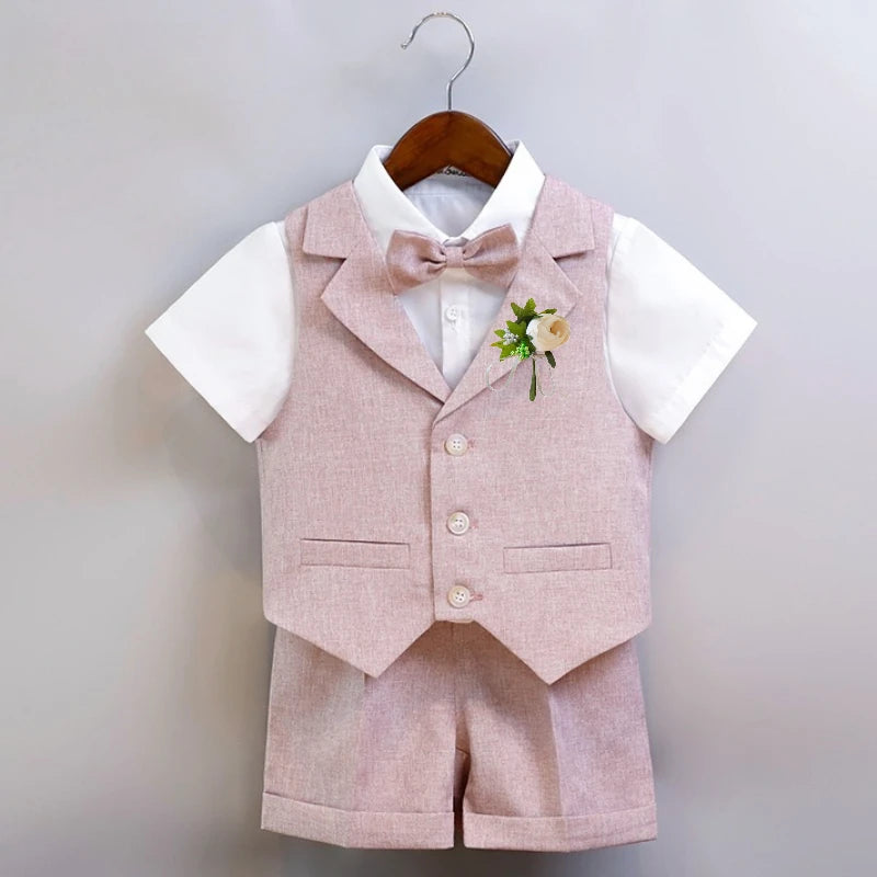 Boys Dressy Shorts Set Summer Elegant Vest Outfits for Kids School Performance Formal Wear Flower Boy Wedding Blazers Tuxedo