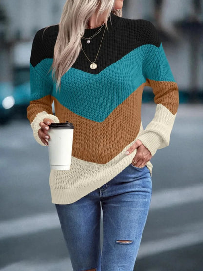 Knit Sweaters Women Jumpers Striped Print Round Neck Streetwear Pullover Top Casual Long Sleeve Warm Sweater Autumn Winter