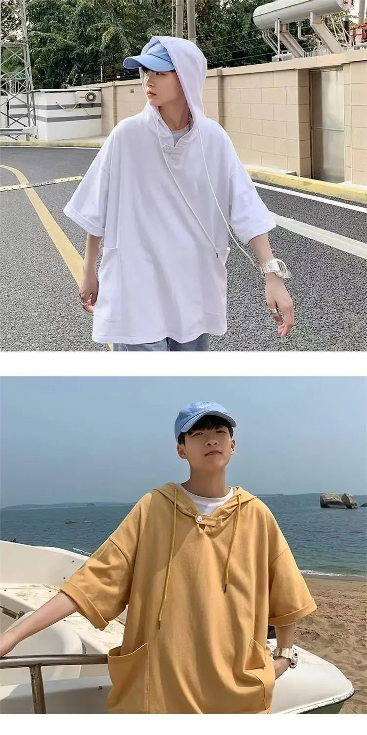 Summer Men's Short-sleeved Sweatshirt with Hat High Street Trend New T-shirt Half-sleeved Hooded Denim T-shirt