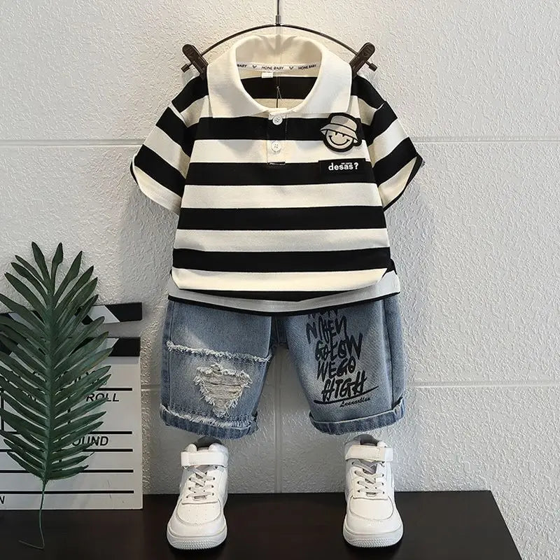 Boys 2025 Summer Outfit T-Shirt and Jeans Korean Polo Fashion 2PCS Casual Clothing Korean Reviews Top Toddler Kids Clothes Sets