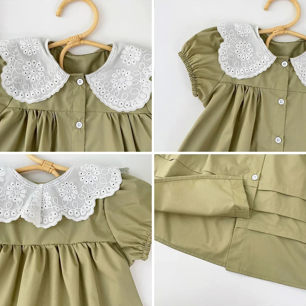 Girls Summer Dress Lace Collar Puff Sleeved Elegant Baby Kids Princess Birthday Dresses Children Clothes Vestidos  3-7 Years Old