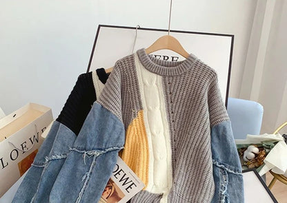 Loose Lazy Knitting Jacket, Pullover, Denim Sleeves, Splicing, Fashionable, Comfortable, Leisure, Autumn and Winter