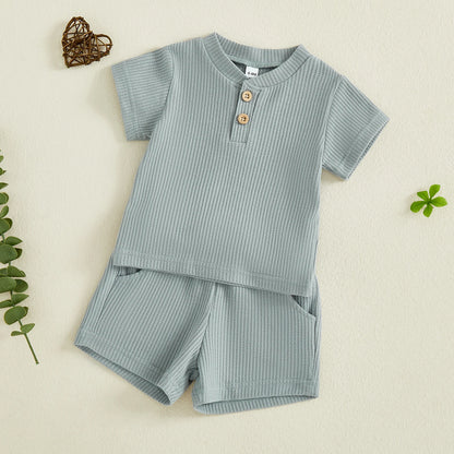 Toddler Baby Boys Summer Clothing Sets Solid Color Short Sleeve O-neck Button Waffle T-shirts Tops with Shorts 2ocs Outfits