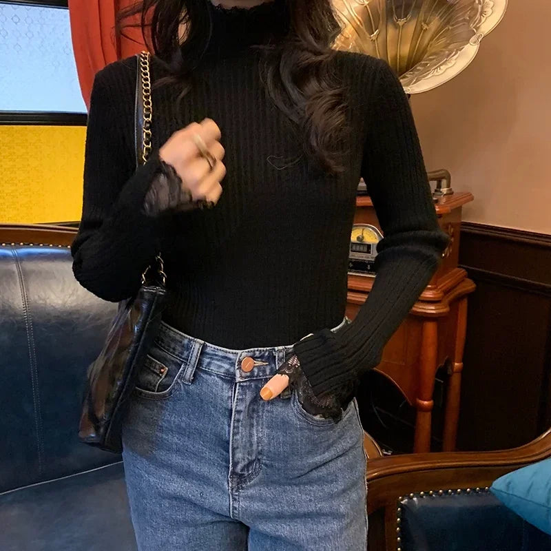 autumn Knitted Turtleneck Long Sleeve Slim Jumper Tops Women Sweater Pullover Lace splicing Ladies Casual Shirts Soft Clothing