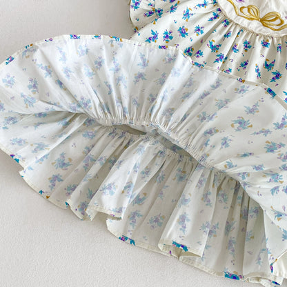 Summer girls' dress, bow-embroidered fly-sleeved dress, floral printed casual dress