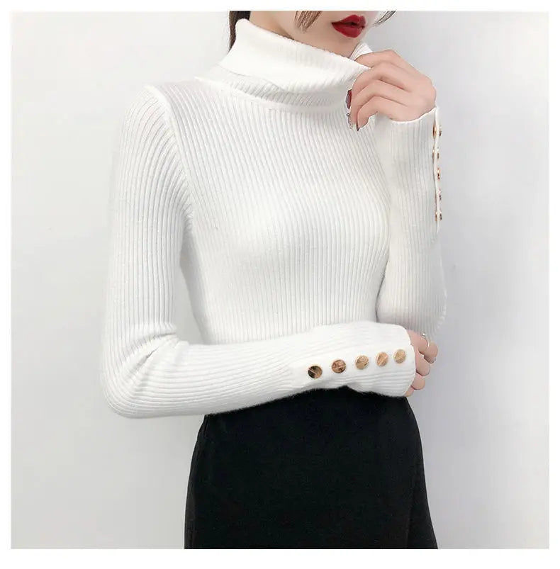 2025 Knitted Turtleneck Women Sweater Button Long Sleeve Pullovers Autumn Winter Basic Femme Sweaters Slim Solid Pull Tops