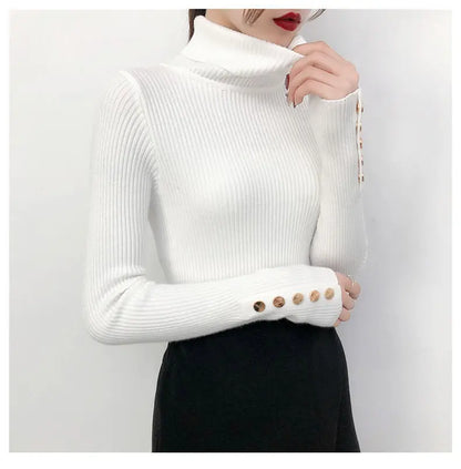 2025 Knitted Turtleneck Women Sweater Button Long Sleeve Pullovers Autumn Winter Basic Femme Sweaters Slim Solid Pull Tops