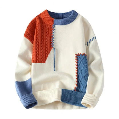 Men Loose Sweater Stylish Men's Winter Sweater with Irregular Colorblock Design Round Neck Knitted Detail Thick Sport for Cold