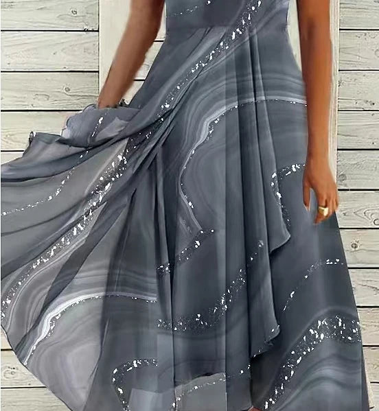 Women Summer New Dress Casual Fashion Chiffon Splicing Short Sleeve V Neck High Waist Dress