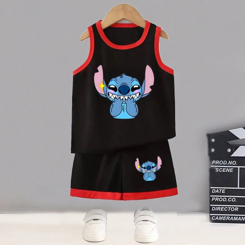 Summer Boys Basketball Clothes Sets Breathable Mesh Children's Casual Outfits Stitch Printed Kids Vest and Shorts 2pcs Suit New