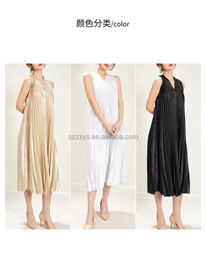 Summer Dress for Women Front and Back V-neck Solid Color Sleeveless Miyake Pleated Loose Casual Fashion Elegant Dress