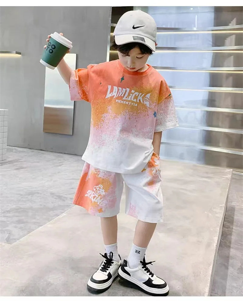 Boys Loose Casual Sets Summer Teen Gradient T-shirts+Shorts 2Pcs Big Kids Sport Short Sleeve Clothes Suits Children Print Outfit