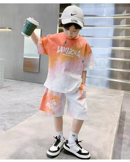 Boys Loose Casual Sets Summer Teen Gradient T-shirts+Shorts 2Pcs Big Kids Sport Short Sleeve Clothes Suits Children Print Outfit