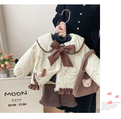 Winter Girls Coat Kids Baby Parkas Cotton Padded Plus Velvet Thickened Warm Children's Coat Solid Girls Embroidery Jacket