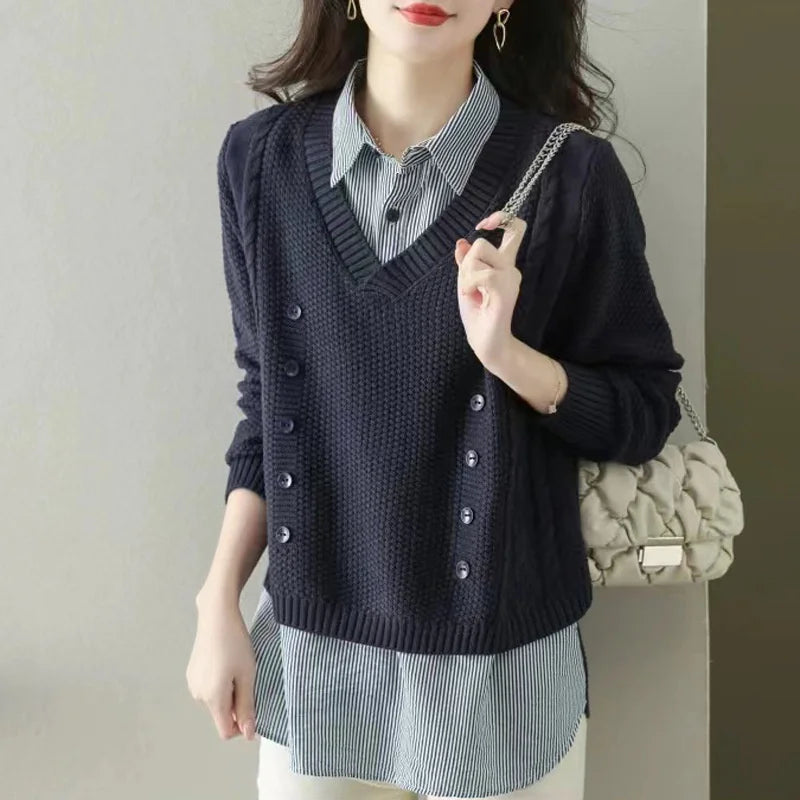 New Fake Two Piece Top Knit Sweater Women's Splice Shirt Collar Spring Autumn  Korean Loose Long Sleeve Sweater Female Pullover