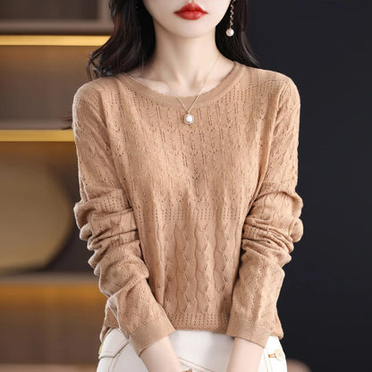 Worsted Wool Sweater Women's Spring 2023 New Western-Style Solid Color Round Neck Top With Long Sleeve Bottom Hollowed-Out Thin