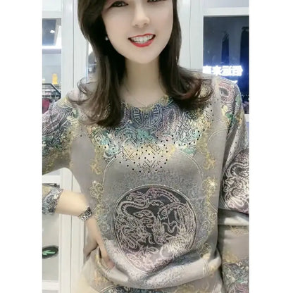 Autumn Winter O Neck Printing Diamonds Sweater Ladies Loose Casual Pullover Knitting Top Women Fashion Trend All-match Jumpers