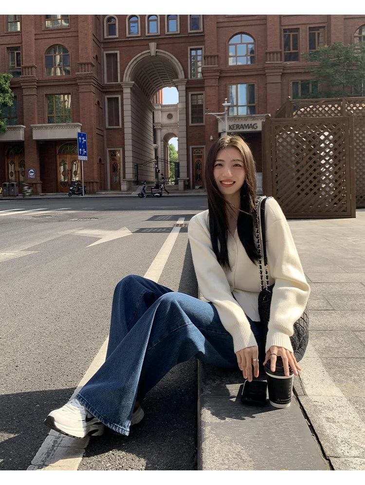 Zjaiss 2025 Autumn Winter Elegance Solid Color V-neck Sweater Knitted Casual Cardigan Unique And Niche Slim Fit Tops