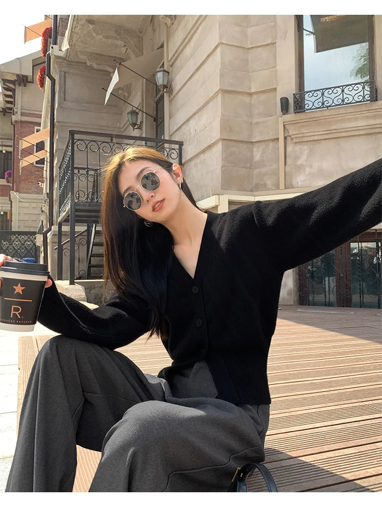 Zjaiss 2025 Autumn Winter Elegance Solid Color V-neck Sweater Knitted Casual Cardigan Unique And Niche Slim Fit Tops