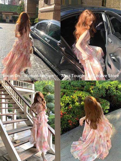 Summer Vacation Dress Woman French Elegant Irregular Floral Suspender Dress Beach Stylem Korean Fashion Midi Dress Chic