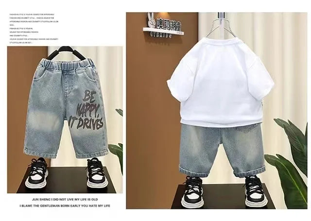 Boys Summer Clothing Set 2024 New Handsome Children's Short Sleeved Clothes Trendy Baby T-shirt Jeans Thin Two-piece Set