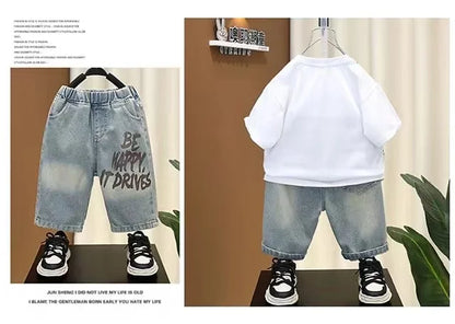 Boys Summer Clothing Set 2024 New Handsome Children's Short Sleeved Clothes Trendy Baby T-shirt Jeans Thin Two-piece Set