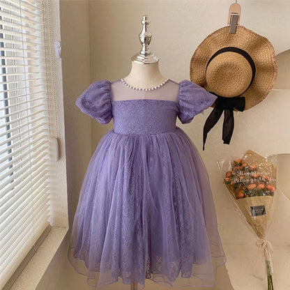 New Girls Party Dress Summer Elegant Princess Dress Purple Mesh Dress 1-9 Years Kids Bow Birthday Party Clothes