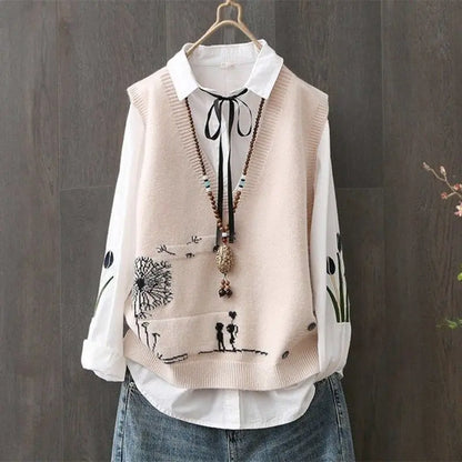 2023 Spring and Autumn New Korean V-neck Knitted Tank Top for Women's Casual Loose Sleeveless Age Reducing Top