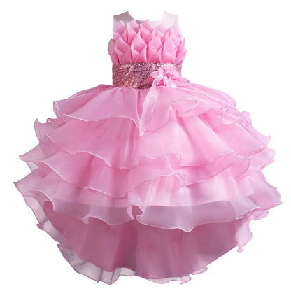 Girls Party Dress with Train, Puffy Cake Dress for Birthday & Flower Girl, Elegant Princess Gown for Host & Special Events