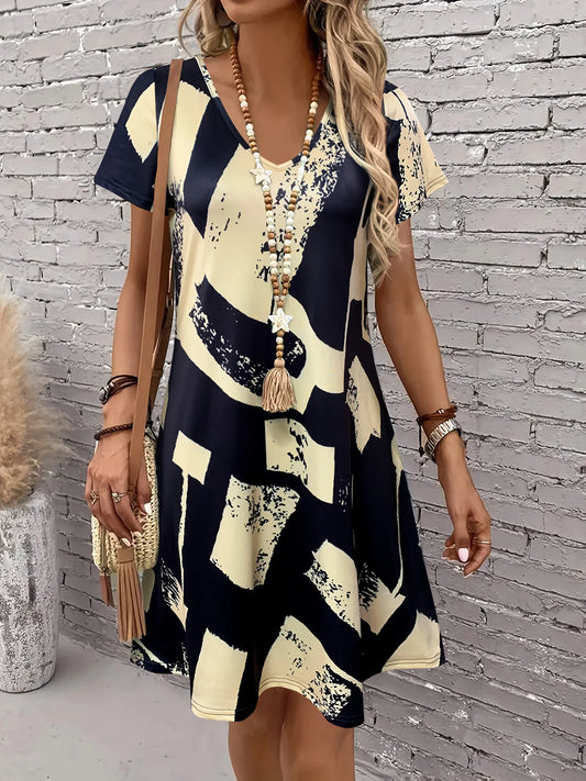 Women's Summer Abstract Print Dress, V - Neck Short Sleeve, Ideal Vacation Outfits Women, Flowy Dress Summer, Must - Have Summer