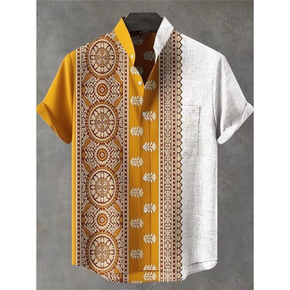 Men's summer shirt, fashionable stand up collar short sleeved cardigan, ethnic tribal printed pocket, linen breathable men's top