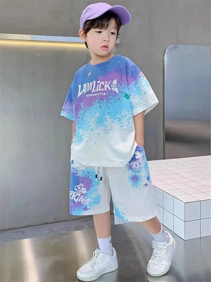 Boys Loose Casual Sets Summer Teen Gradient T-shirts+Shorts 2Pcs Big Kids Sport Short Sleeve Clothes Suits Children Print Outfit