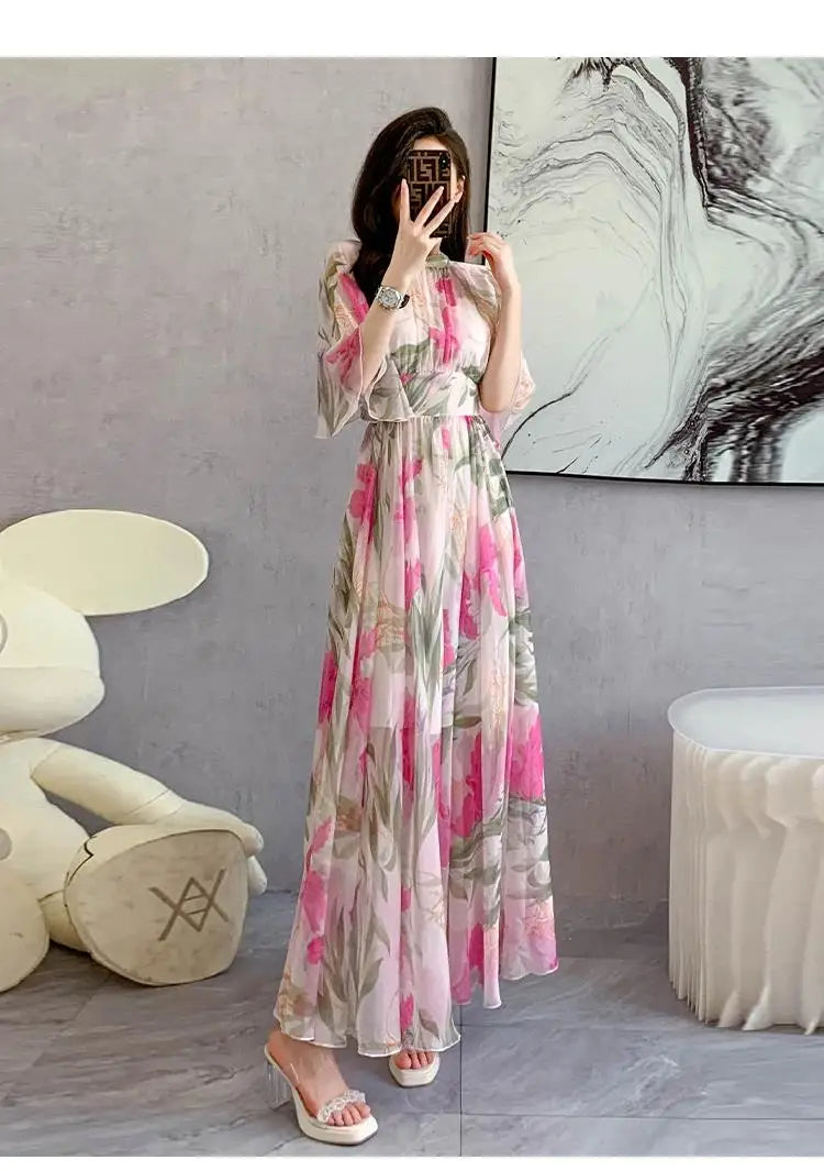 Summer Holiday Floral Dress Women Beach Flower Print Flare Sleeve Back Bow Lace Up High Waist Draped Chiffon Party Long Vestidos