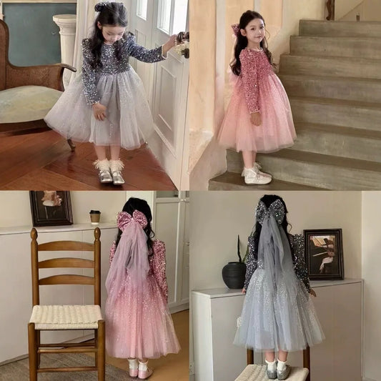Girls' Dress with Bright Opening Veil and Thick Velvet, Super Fairy Princess Dress, 2025 Winter Clothing New Children's Clothing