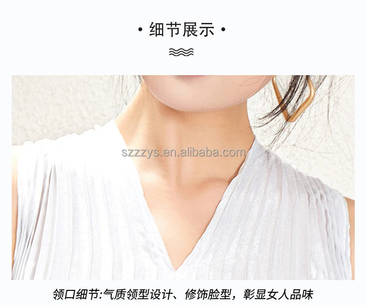 Summer Dress for Women Front and Back V-neck Solid Color Sleeveless Miyake Pleated Loose Casual Fashion Elegant Dress